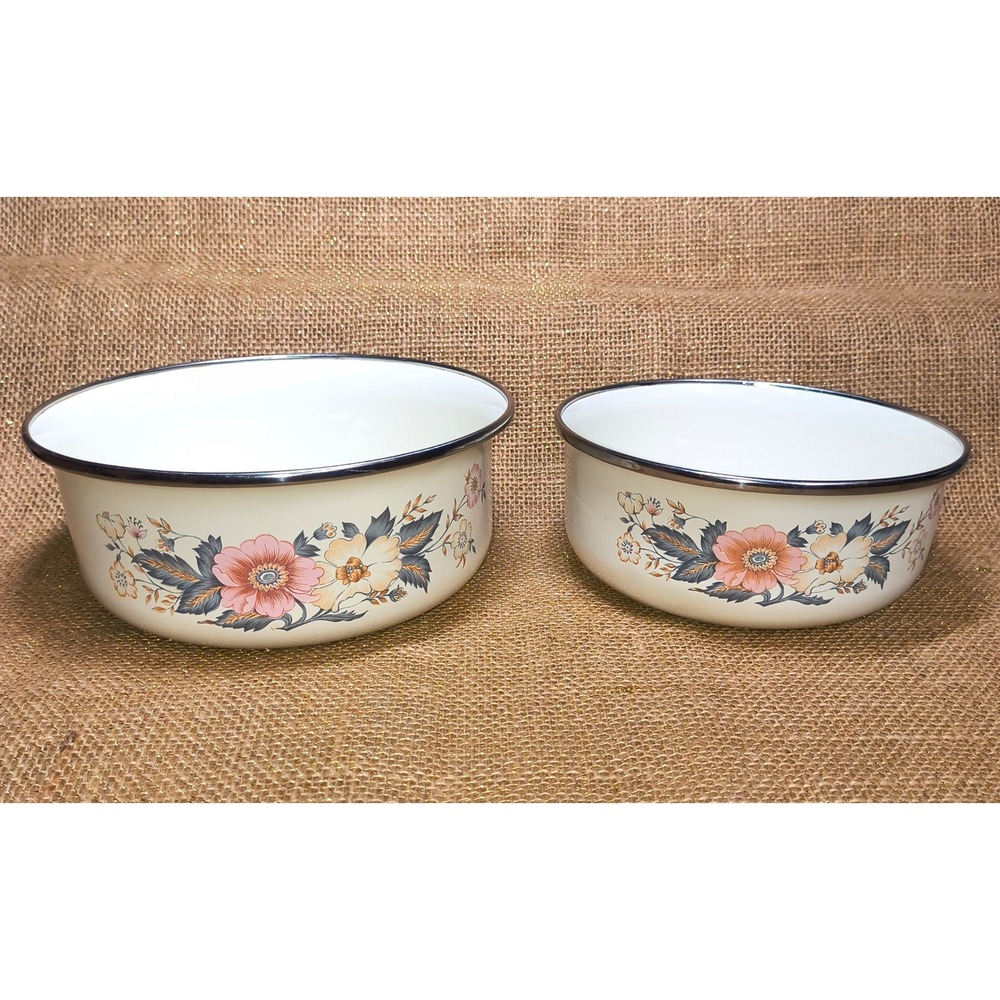 Vintage Floral Enamelware Nesting Bowls Set of 2 Cream Pink Blue Cottagecore